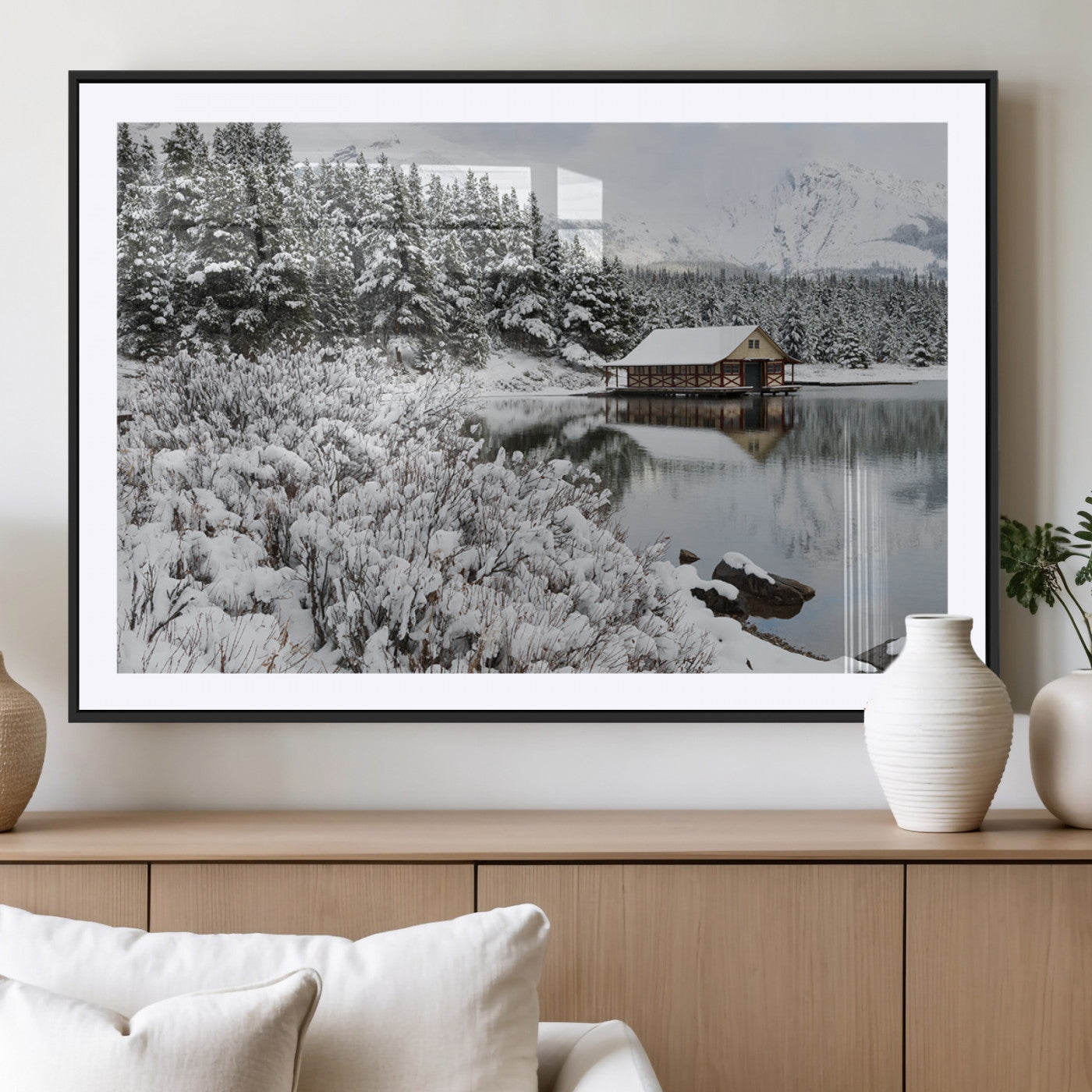 29975-MGV-CV-36X24-Winter Cabin by the Lake Wall Art – Snowy Mountain Landscape Canvas Print, Rustic Lodge Cabin Decor for Cozy Living Room, Bedroom