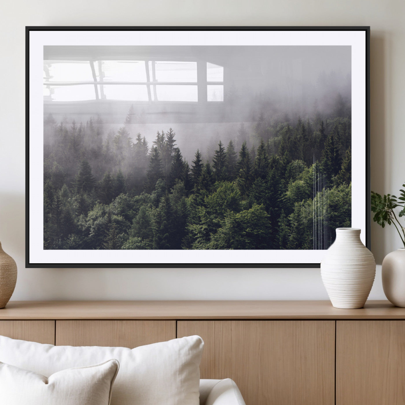 42578900-MGC-FP-36x24_Black-Misty Pine Forest Wall Art – Tranquil Foggy Mountain Canvas Print, Nature Landscape Décor for Bedroom, Living Room, Cabin or