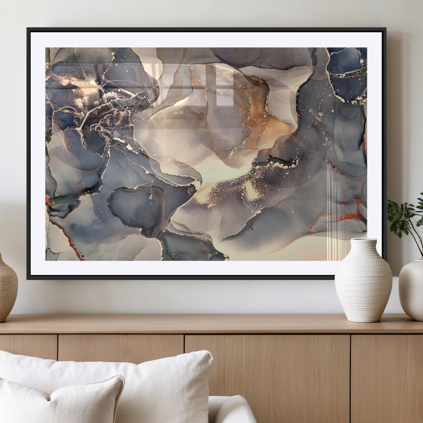 18202-MGC-FP-36x24_Black-Abstract Neutral Wall Art – Blue, Beige and Gold Fluid Ink Canvas Print, Modern Minimalist Painting for Living Room, Office