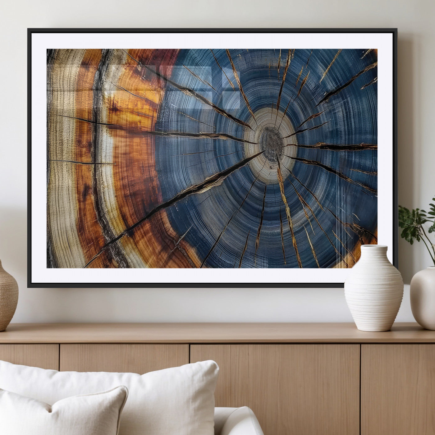10583-MGV-CV-36X24-Tree Ring Wall Art – Abstract Wood Grain Canvas Print with Blue and Brown Tones, Nature Inspired Rustic Artwork for Living Room,