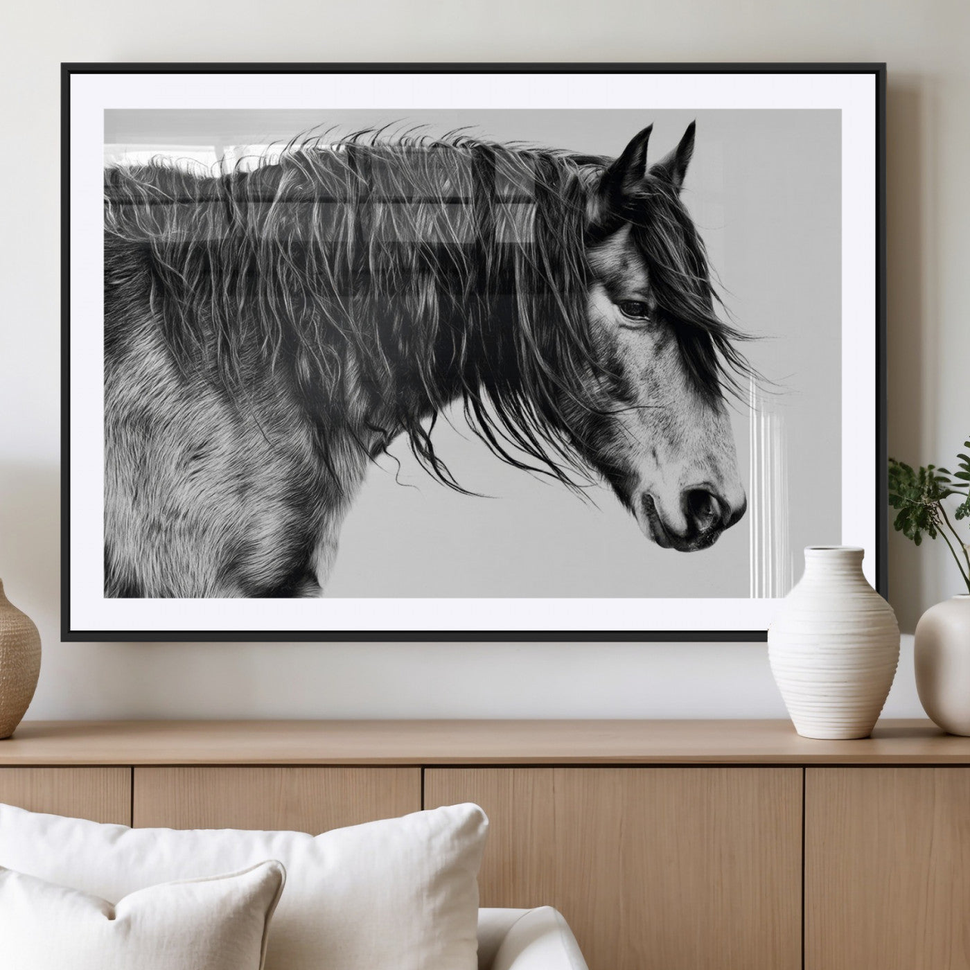 57694-MGV-CV-36X24-Horse Portrait Wall Art – Black and White Canvas Print with Detailed Stallion Profile, Rustic Farmhouse Equestrian Artwork for