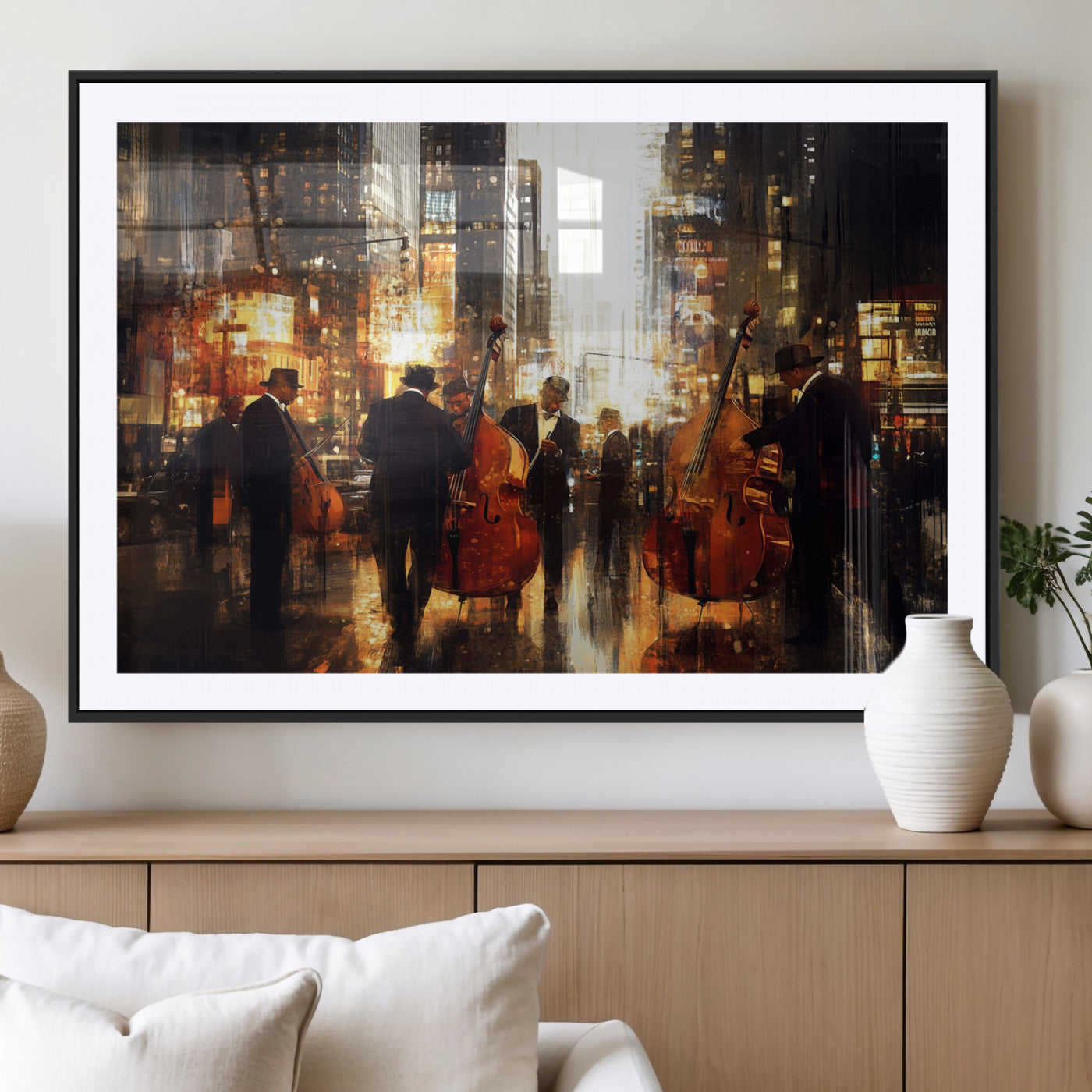58782-MGC-FP-36x24_Black-Jazz Musicians Cityscape Wall Art – Vibrant Urban Night Canvas Print, Elegant Music Themed Decor for Living Room, Office, or Music