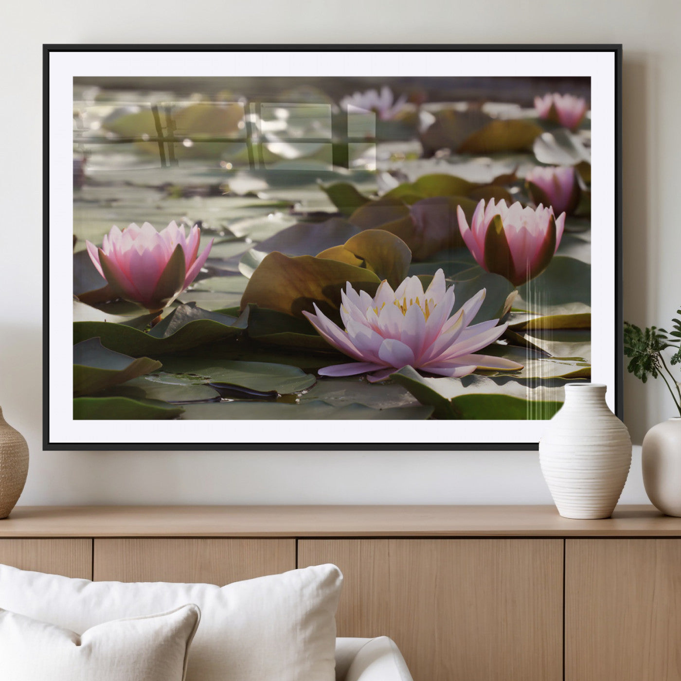 72218-MGV-CV-36X24-Water Lily Pond Wall Art – Pink Lotus Flowers Canvas Print with Green Lily Pads, Peaceful Botanical Artwork for Living Room,