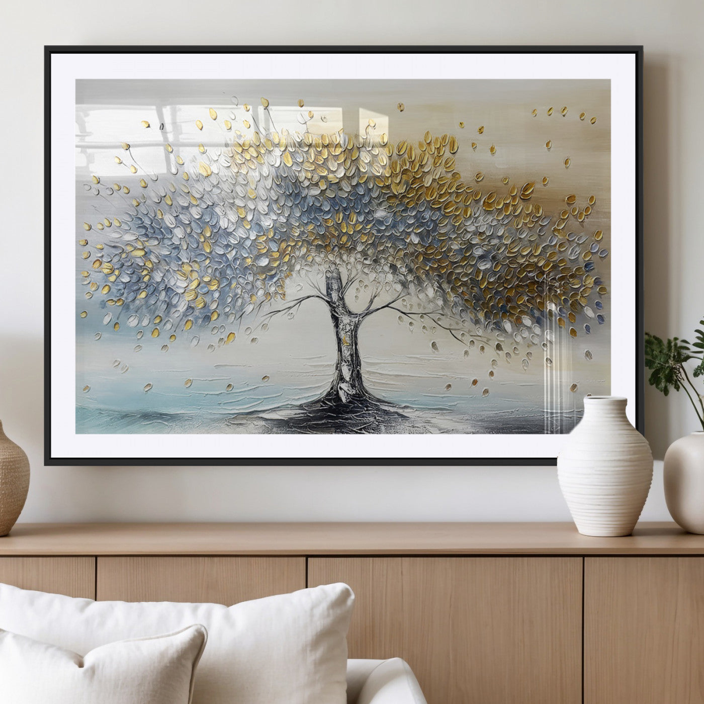 24771-MGC-FP-36x24_Black-Silver Tree Wall Art Canvas Print, Framed Golden Leaves Art Picture Print, Metallic Tree Perfect Minimalist Luxury Decor Artwork