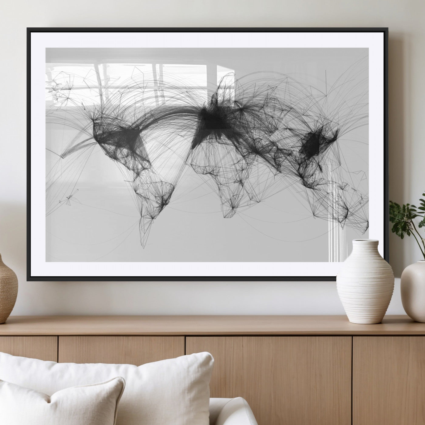 Black-Flight-Routes-MGV-CV-36X24-Abstract World Map Wall Art – Modern Black Line Network Style Canvas Print, Contemporary Global Artwork for Living Room, Bedroom,