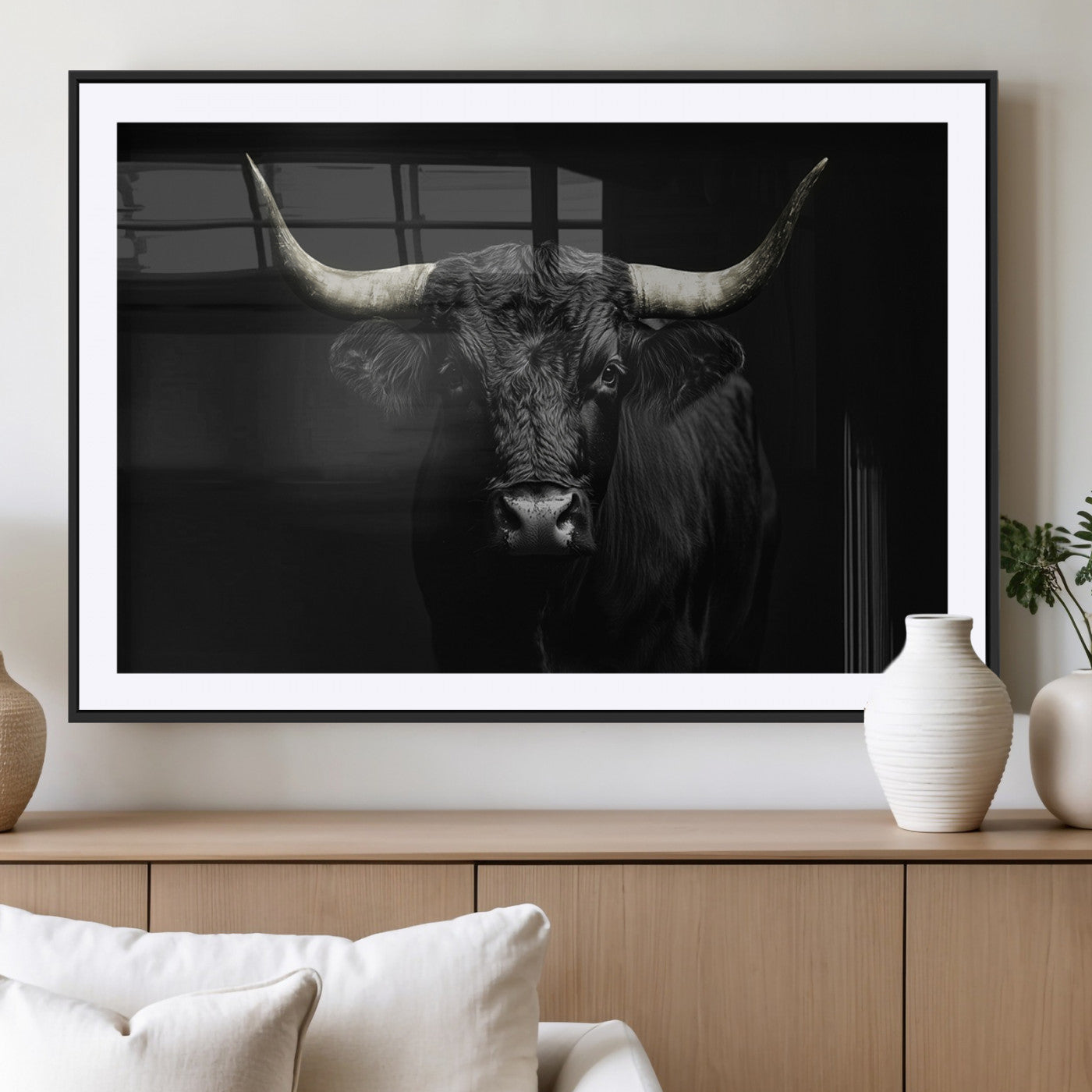 97914921-MGV-CV-36X24-Black Bull Wall Art Canvas Print, Framed Longhorn Bull Art Picture Print, Western Bull Perfect Monochrome Western Decor Artwork