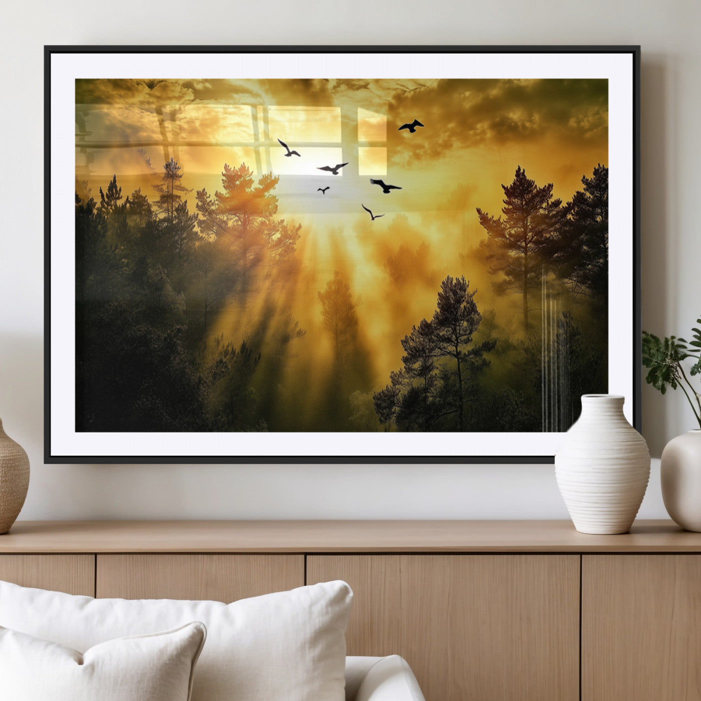 13776802-MGV-CV-36X24-Golden Forest Wall Art Canvas Print, Framed Sunset Pines Art Picture Print, Flying Birds Perfect Nature Glow Decor Artwork