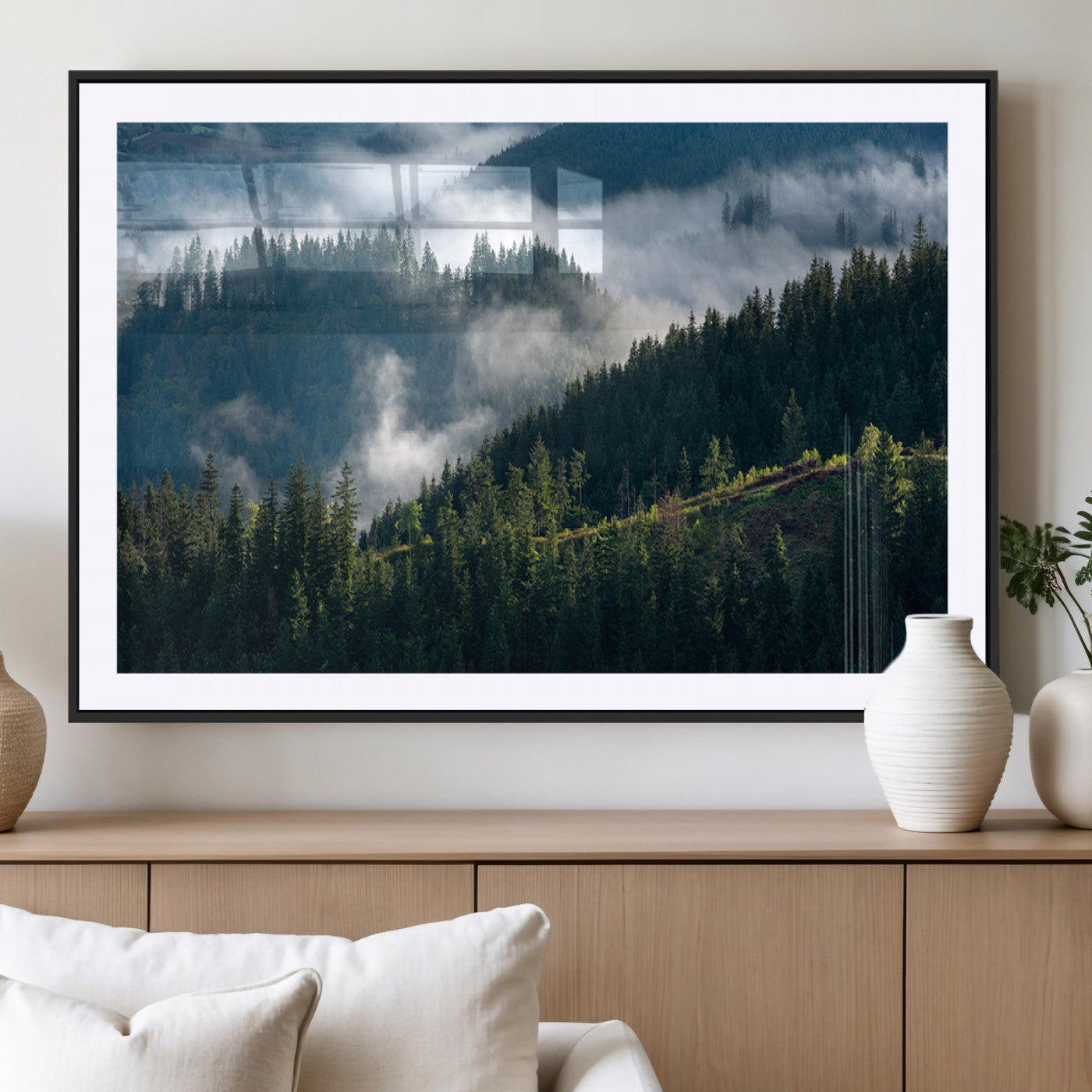 84598503-MGC-FP-36x24_Black-Misty Forest Wall Art Canvas Print, Framed Pine Hills Art Picture Print, Moody Hills Perfect Moody Woodland Decor Artwork