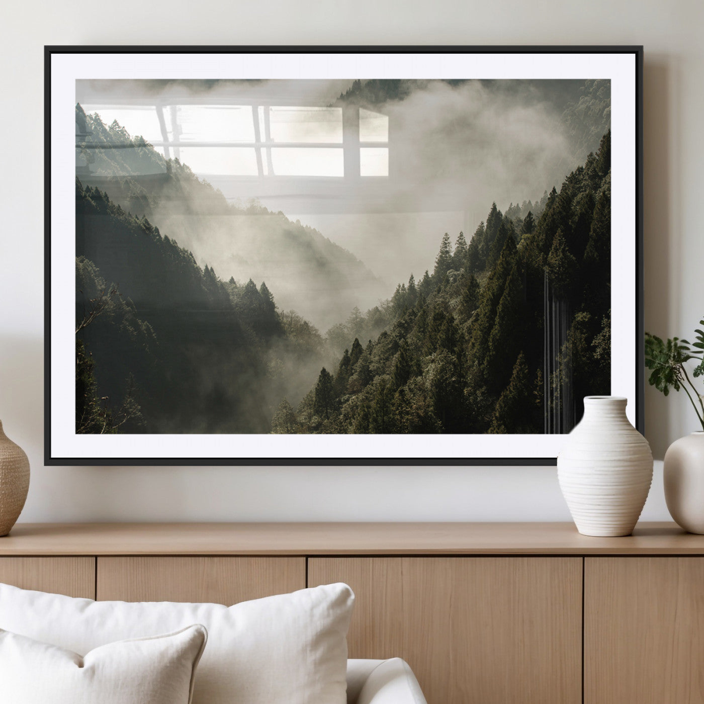 57570237-MGC-FP-36x24_Black-Misty Valley Wall Art Canvas Print, Framed Foggy Forest Art Picture Print, Pine Trees Perfect Moody Woodland Decor Artwork