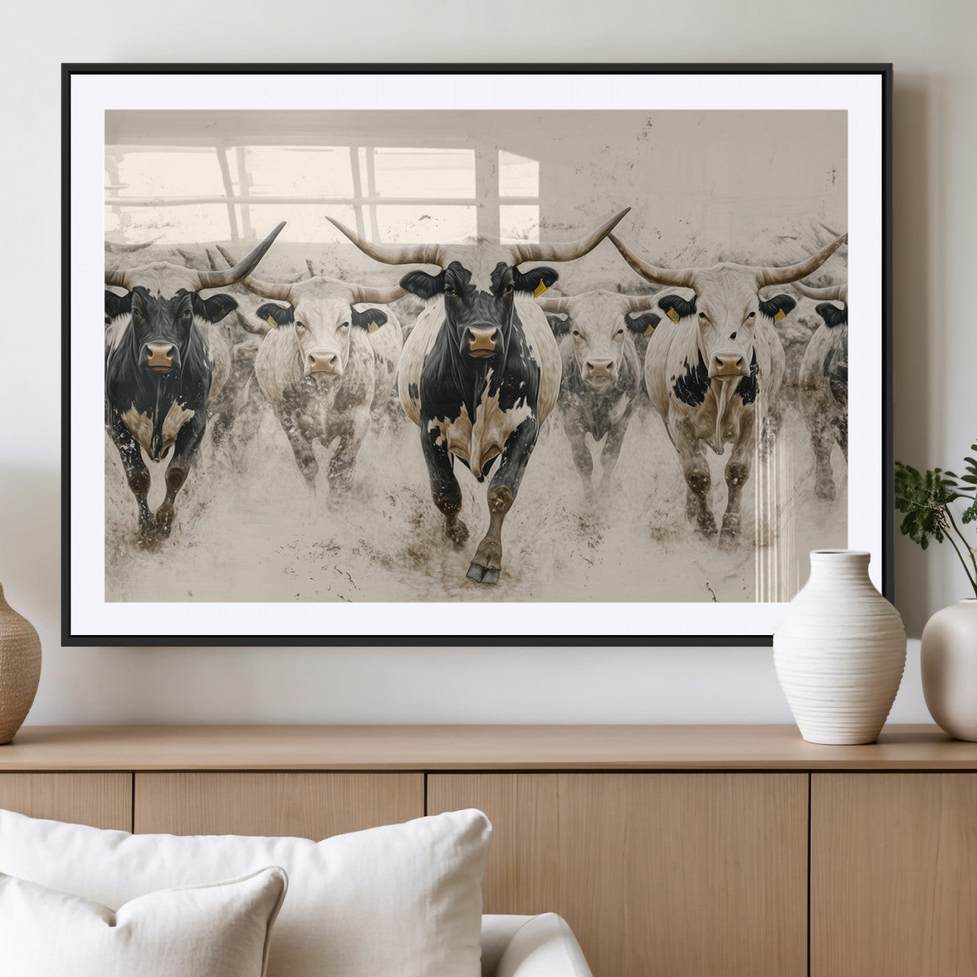 61538944-MGC-FP-36x24_Black-Texas Longhorn Wall Art Canvas Print, Framed Cattles Walking Art Picture Print, Black White Bulls Perfect Rustic Western Decor