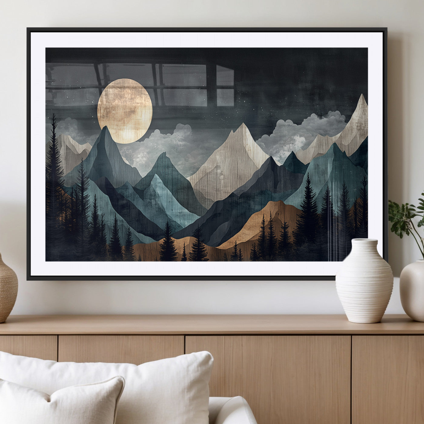 11060882-MGC-FP-36x24_Black-Moonlit Mountains Wall Art Canvas Print, Framed Forest Silhouette Art Picture Print, Night Landscape Perfect Modern Forest Decor