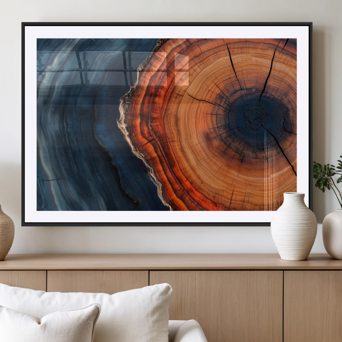 57732250-MGV-CV-36X24-Tree Ring Abstract Wall Art – Blue Orange Wood Grain Canvas Print, Modern Rustic Nature Artwork for Living Room, Office,