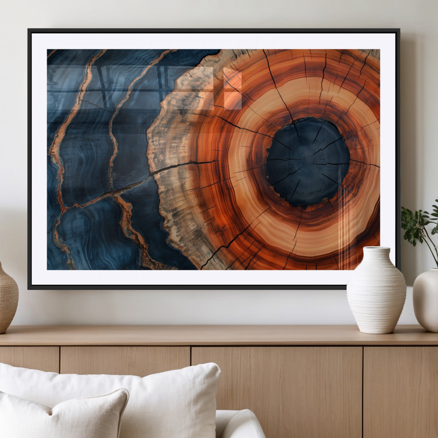 41123192-MGC-FP-36x24_Black-Tree Ring Canvas Wall Art – Abstract Blue Orange Wood Grain Print, Rustic Modern Nature Artwork for Living Room, Bedroom, Office