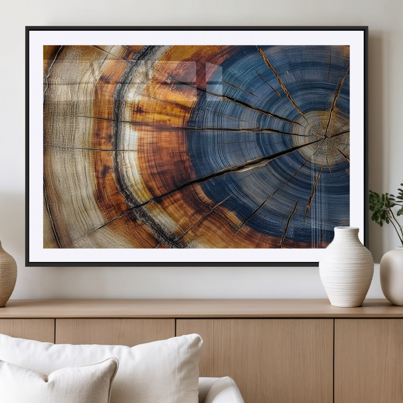 18032999-MGV-CV-36X24-Tree Ring Wall Art – Blue Brown Abstract Wood Slice Canvas Print, Rustic Modern Nature Decor for Living Room, Office, Bedroom or