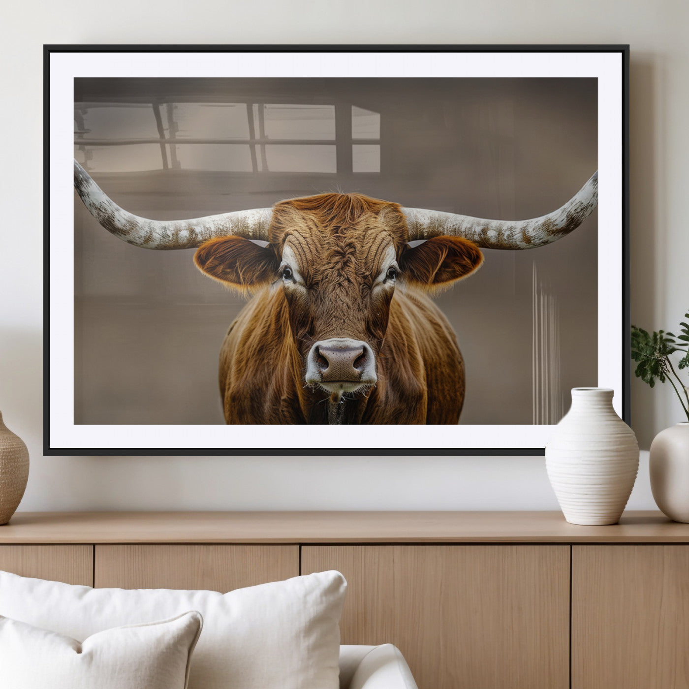 12179171-MGV-CV-36X24-Texas Longhorn Wall Art Canvas Print, Framed Brown Bull Art Picture Print, Lone Cattle Perfect Rustic Western Decor Artwork