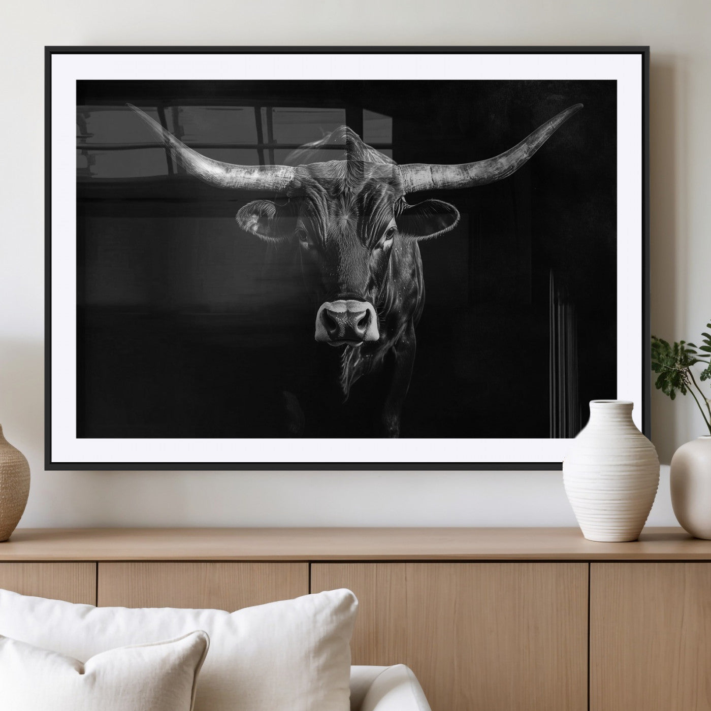 42077175-MGC-FP-36x24_Black-Texas Longhorn Wall Art Canvas Print, Framed Monochrome Bull Art Picture Print, Horned Bull Perfect Rustic Western Decor Artwork
