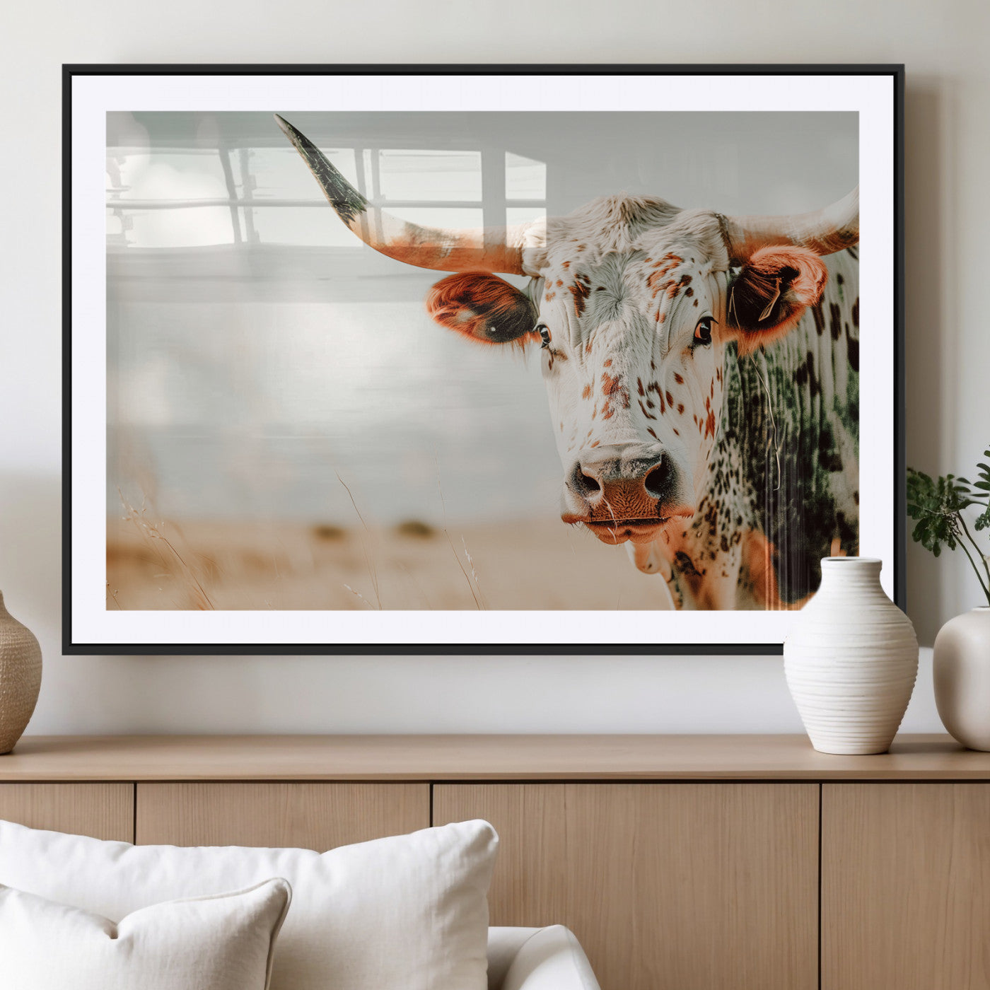72766375-MGC-FP-36x24_Black-Texas Longhorn Wall Art Canvas Print, Framed Spotted Cow Art Picture Print, Horned Cattle Perfect Rustic Western Decor Artwork