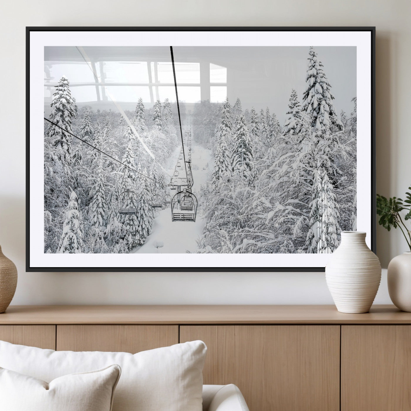 60296839-MGC-FP-36x24_Black-Snowy Mountains Wall Art Canvas Print, Framed Ski Lift Art Picture Print, Winter Forest Perfect Winter Minimalist Decor Artwork