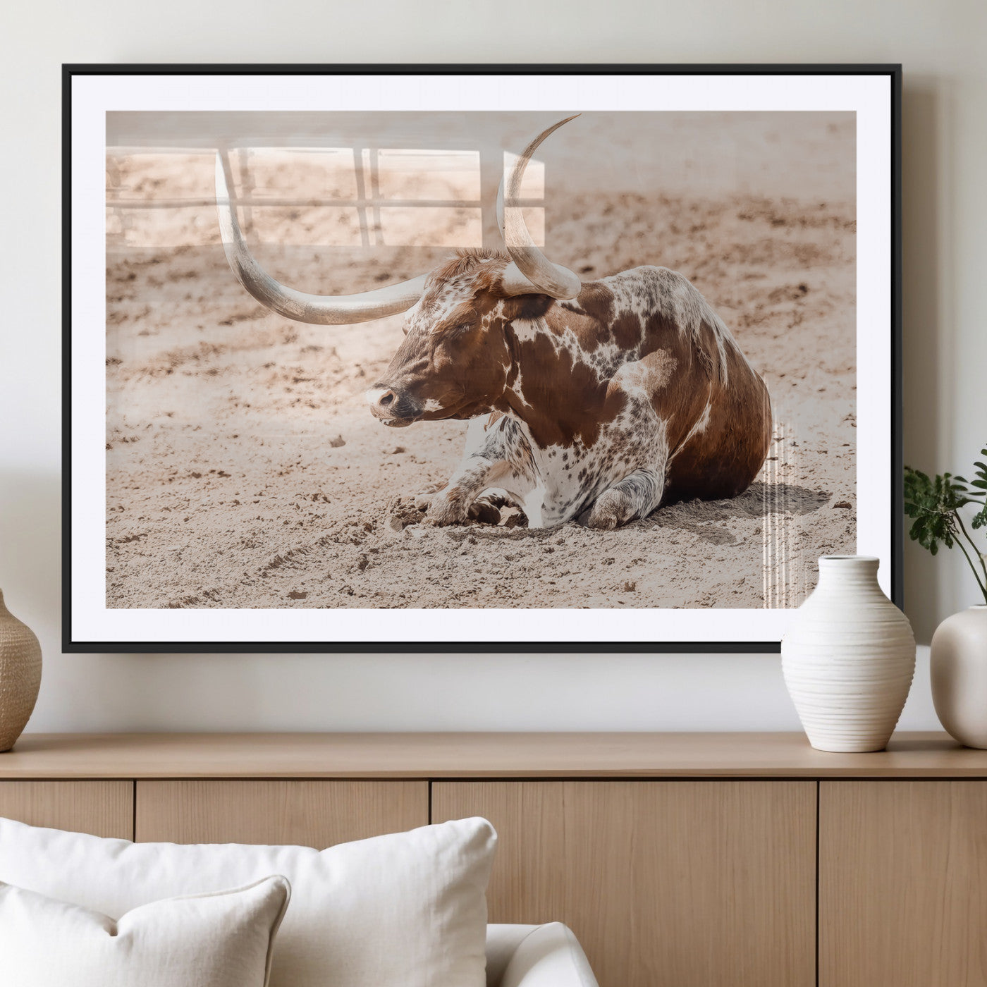 91248682-MGV-CV-36X24-Texas Longhorn Wall Art Canvas Print, Framed Resting Bull Art Picture Print, Spotted Cattle Perfect Rustic Western Decor Artwork
