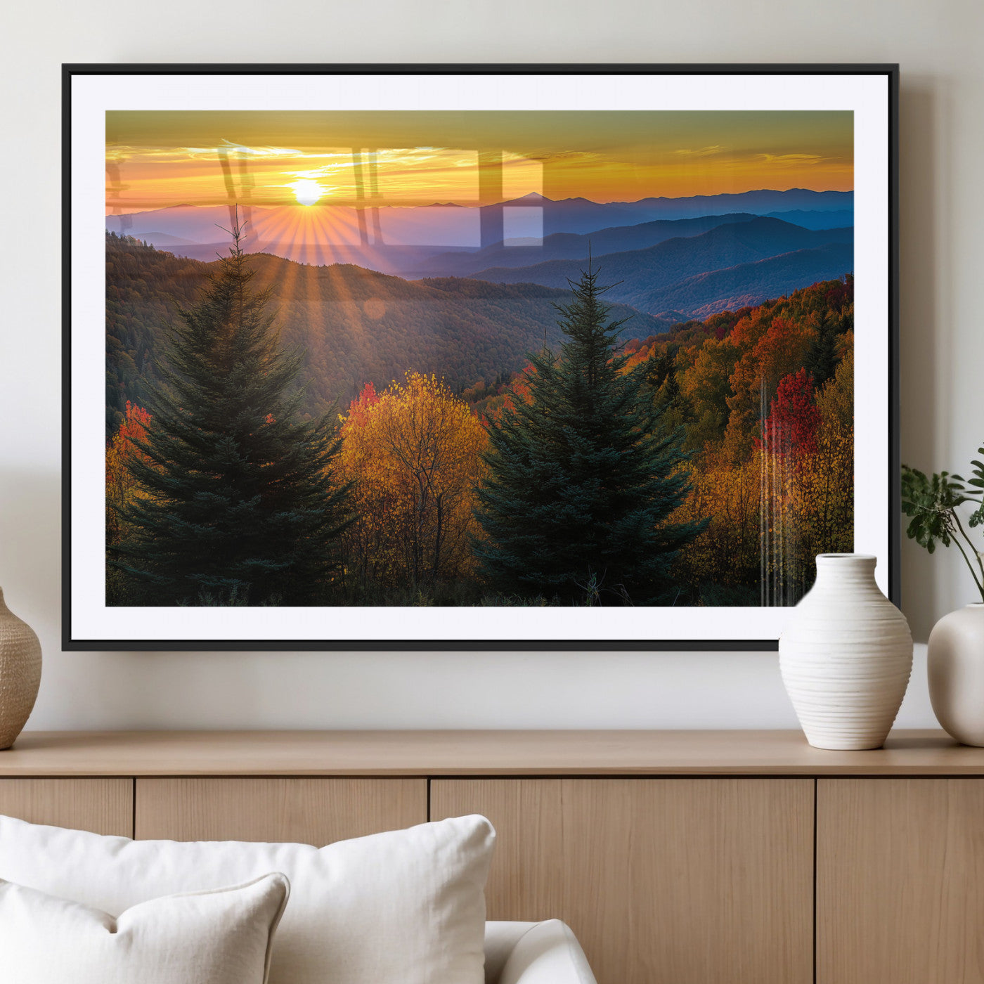 36964931-MGC-FP-36x24_Black-Autumn Mountains Wall Art Canvas Print, Framed Sunset Glow Forest Art Picture Print, Golden Trees Perfect Vibrant Nature Decor