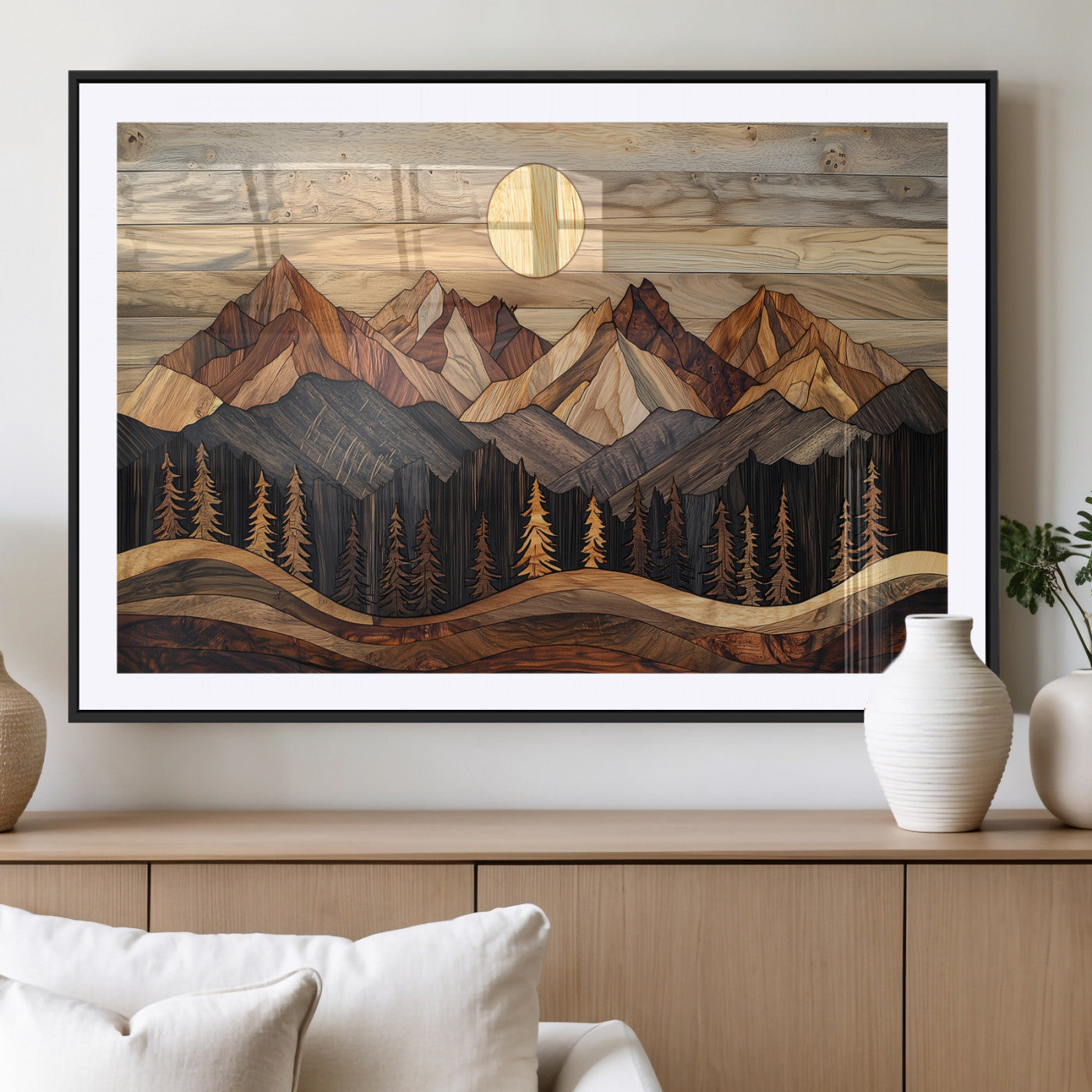 50100230-MGV-CV-36X24-Wooden Mountain Wall Art – Rustic Nature Landscape Canvas Print, Handmade Style Sun, Forest, and Peaks Artwork for Living Room,