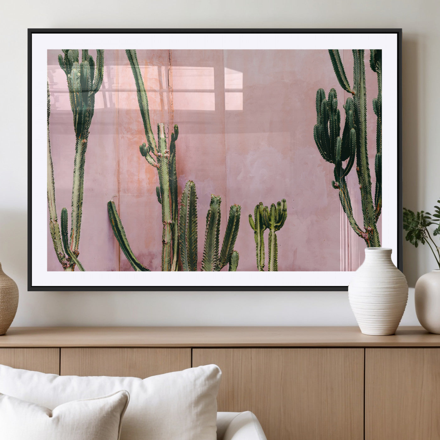 93119502-MGV-CV-36X24-Tall Cactus Wall Art Canvas Print, Framed Pink Wall Art Picture Print, Cactus Lines Perfect Modern Desert Decor Artwork