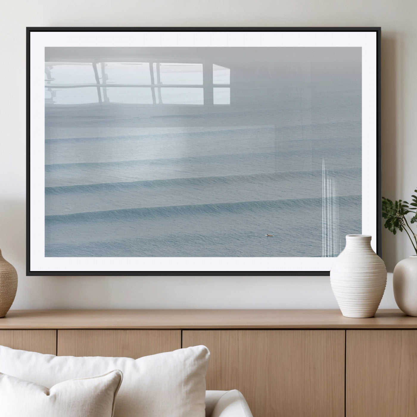 47814787-MGV-CV-36X24-Ocean Waves Wall Art Canvas Print, Framed Solo Surfer Art Picture Print, Wave Lines Perfect Minimalist Ocean Decor Artwork