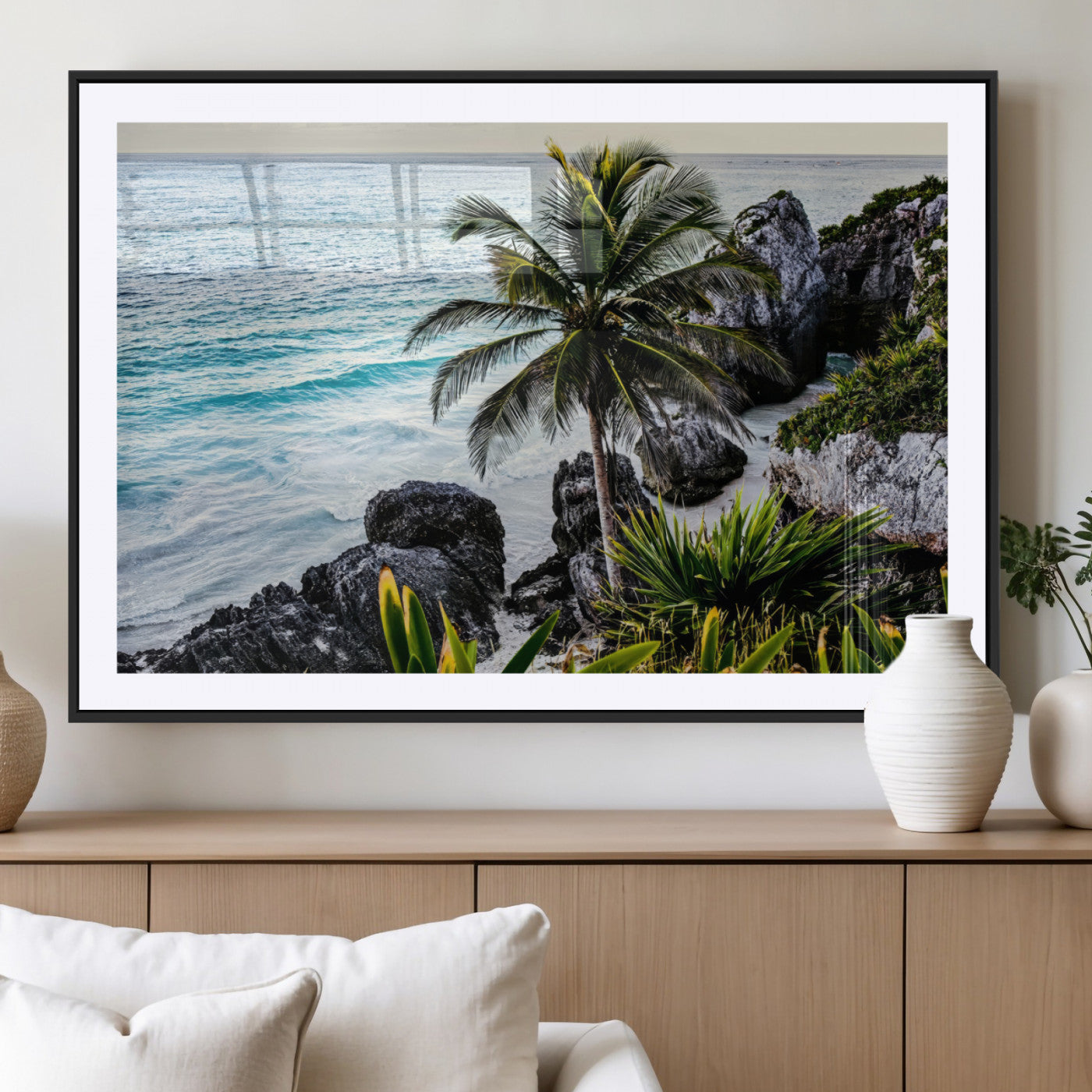 94669907-MGC-FP-36x24_Black-Tropical Coastline Wall Art Canvas Print, Framed Palm Tree Art Picture Print, Rocky Beach Perfect Tropical Coastal Decor Artwork