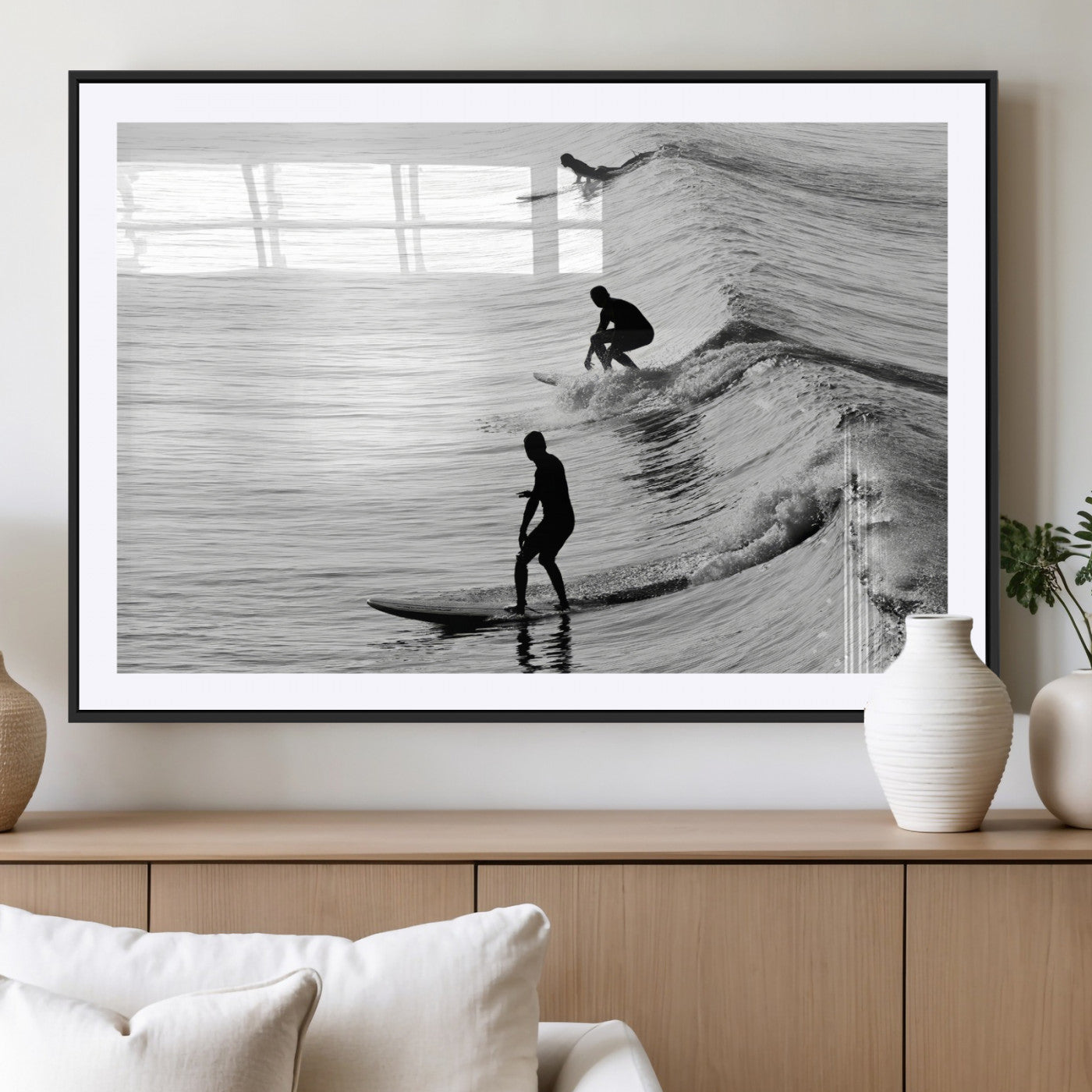 19875284-MGV-CV-36X24-Surfer Waves Wall Art Canvas Print, Framed Black White Surf Art Picture Print, Monochrome Ocean Perfect Modern Coastal Decor