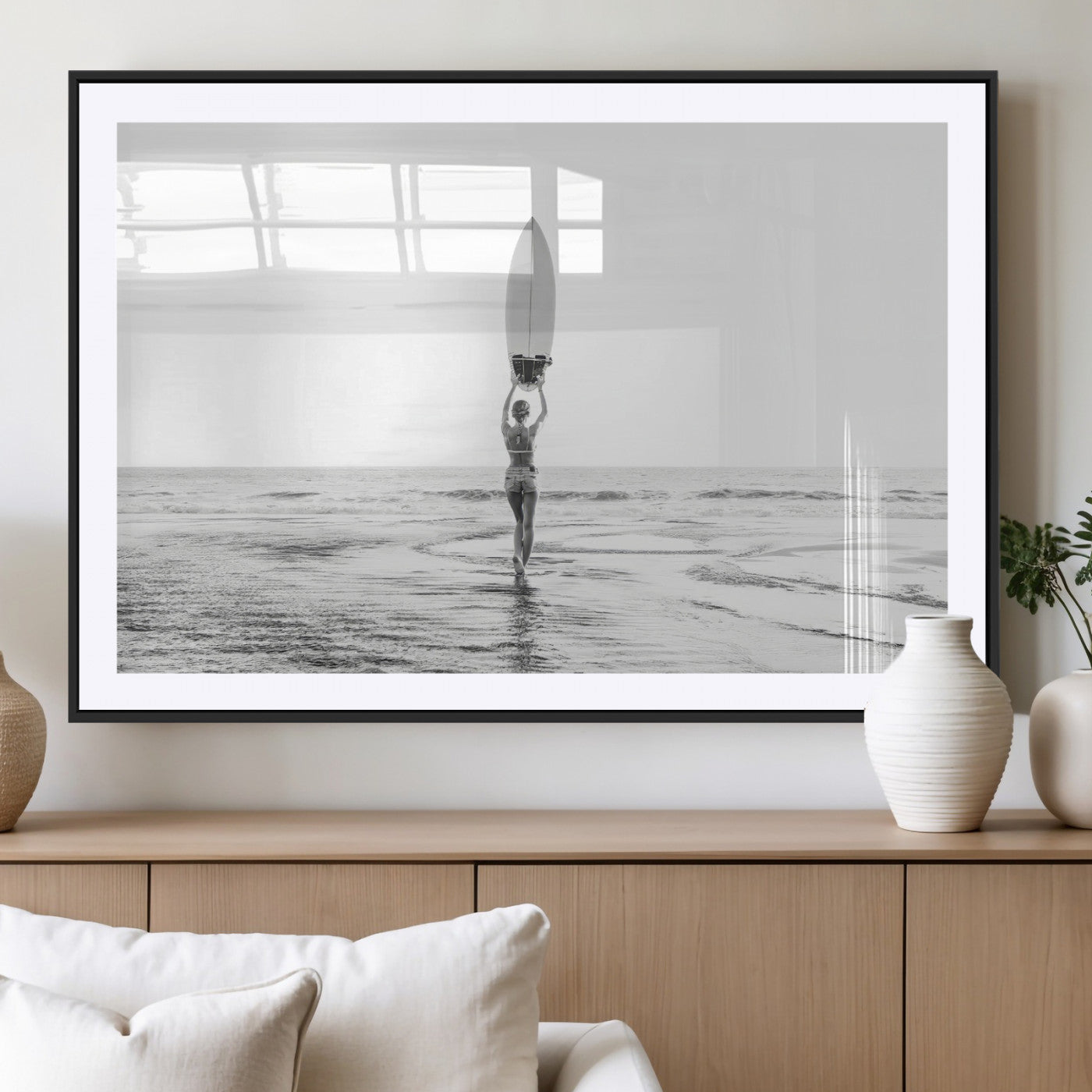 98446901-MGC-FP-36x24_Black-Monochrome Surf Wall Art Canvas Print, Framed Minimalist Surfer Art Picture Print, Surfboard Silhouette Perfect Coastal Minimalist