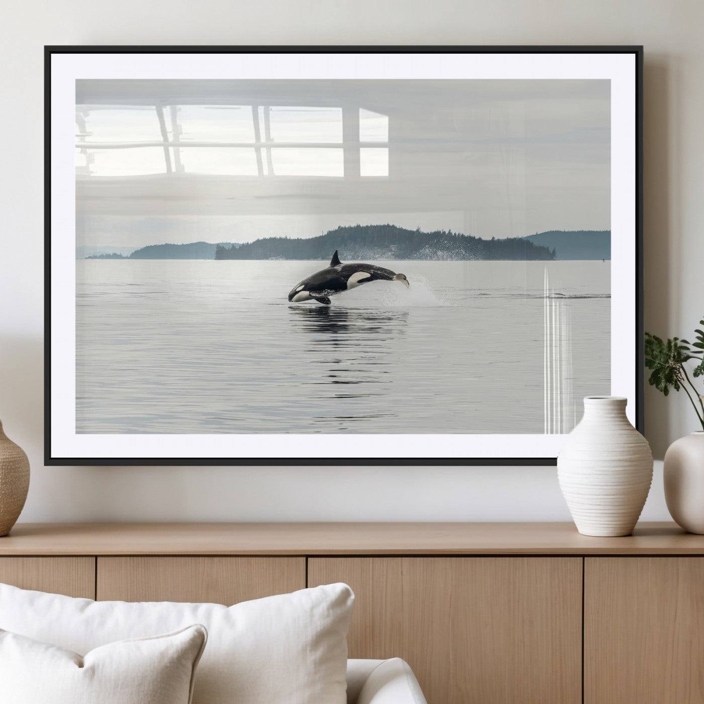 10157174-MGV-CV-36X24-Orca Whale Wall Art Canvas Print, Framed Black White Whale Art Picture Print, Minimalist Ocean Perfect Coastal Minimalist Decor