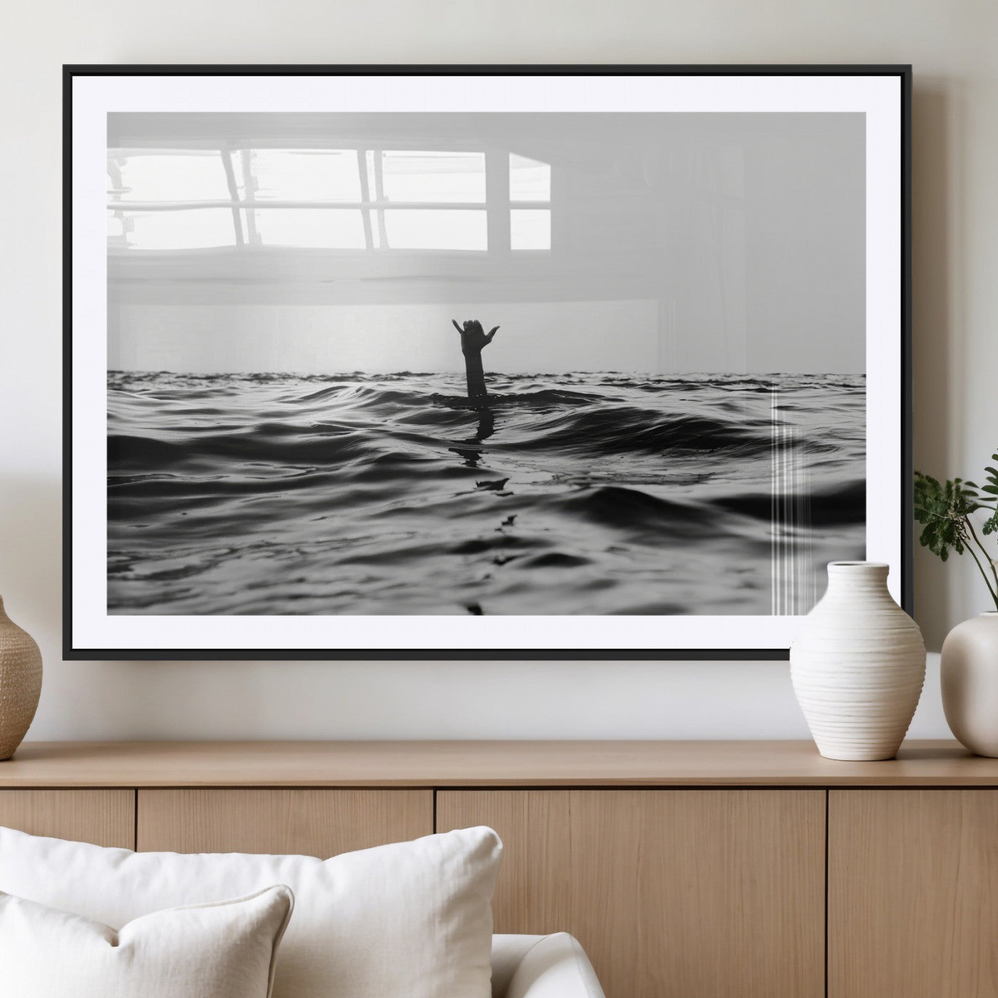 69541918-MGC-FP-36x24_Black-Black White Ocean Wall Art Canvas Print, Framed Moody Seascape Art Picture Print, Surfer Sign Perfect Moody Minimalist Decor