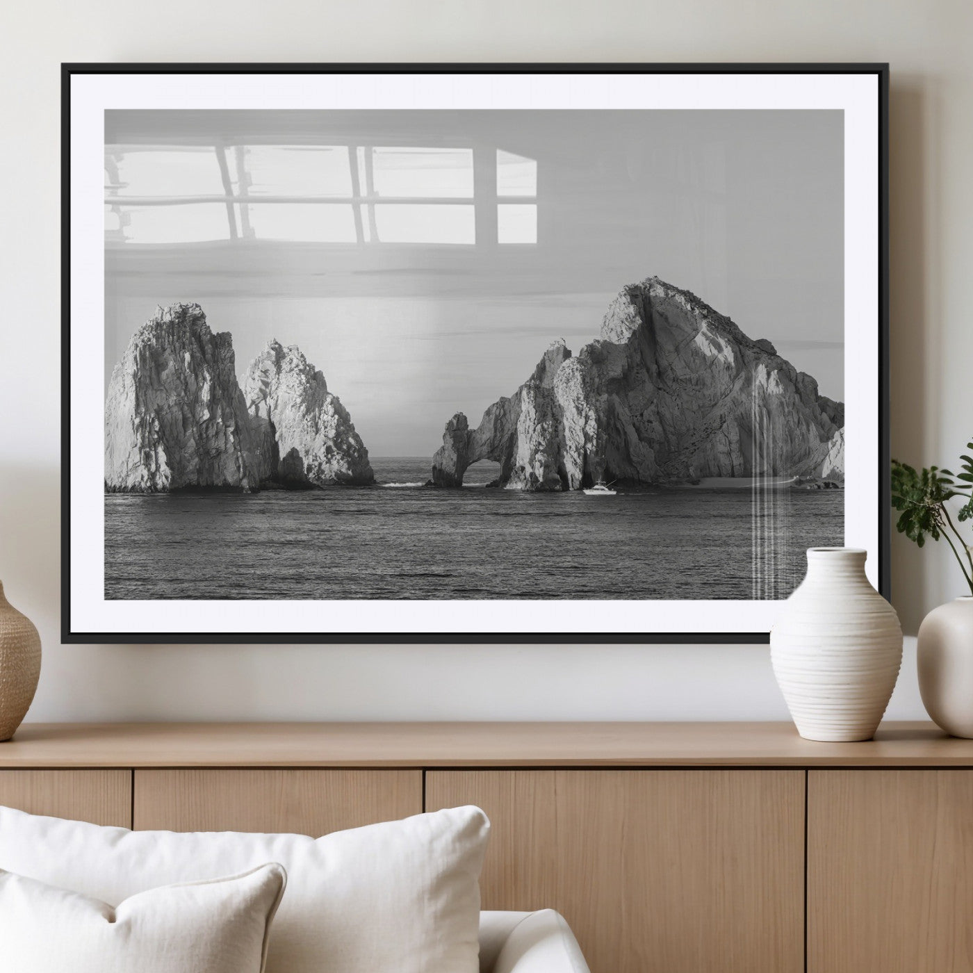 18810731-MGV-CV-36X24-Rugged Coastline Wall Art Canvas Print, Framed Ocean Cliffs Art Picture Print, Monochrome Seascape Perfect Coastal Minimalist