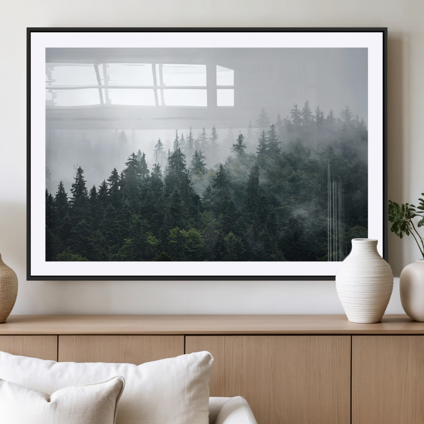 84146572-MGC-FP-36x24_Black-Foggy Pine Trees Wall Art Canvas Print, Framed Forest Nature Art Picture Print, Evergreen Forest Perfect Scandinavian Minimalist