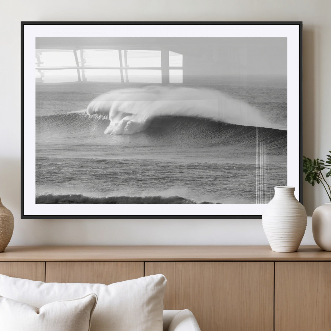 42544082-MGC-FP-36x24_Black-Monochrome Seascape Wall Art Canvas Print, Framed Surf Wave Art Picture Print, Minimalist Ocean Perfect Moody Coastal Decor