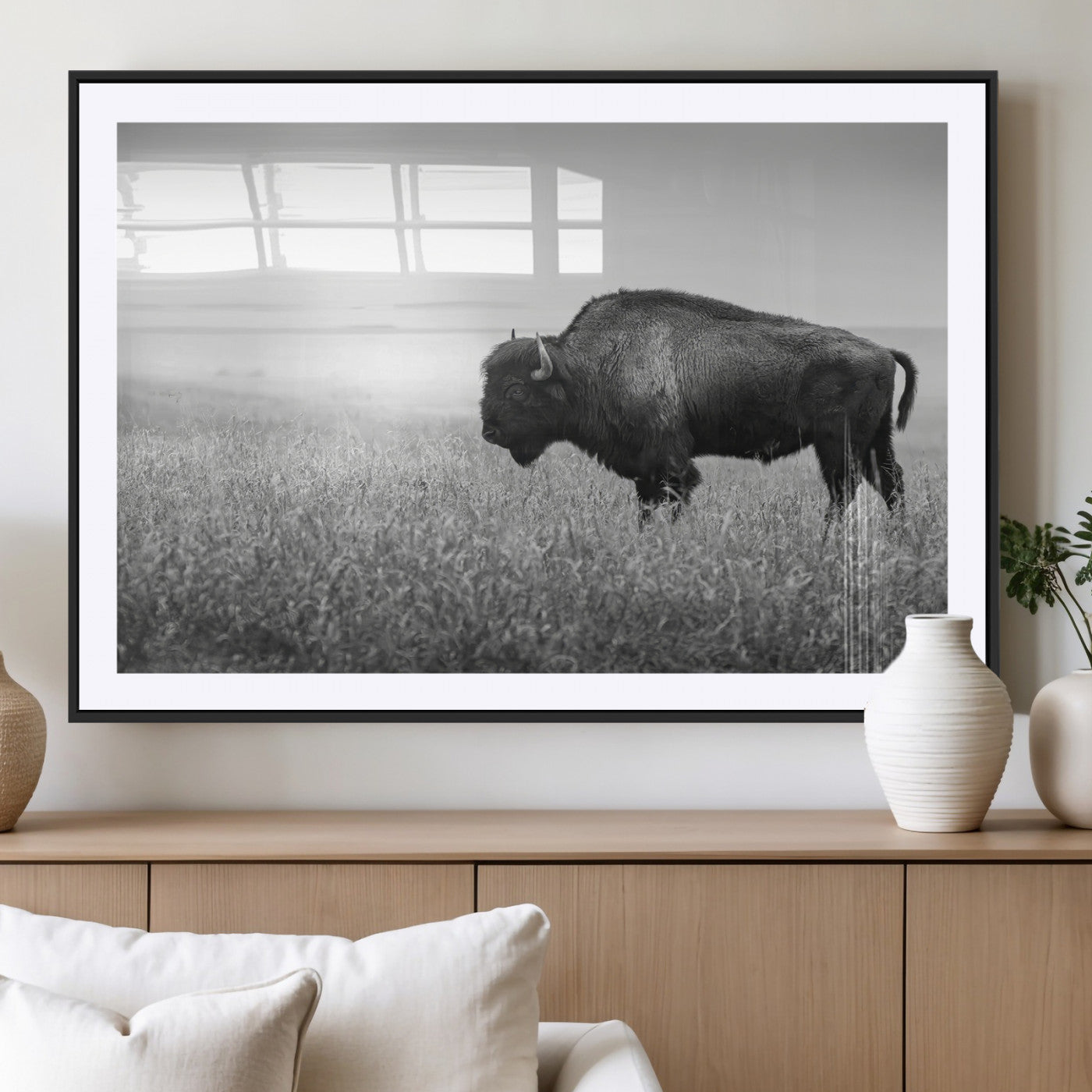 28435251-MGC-FP-36x24_Black-Bison In Prairie Wall Art Canvas Print, Framed Rustic Wildlife Art Picture Print, Wild Buffalo Perfect Rustic Western Decor