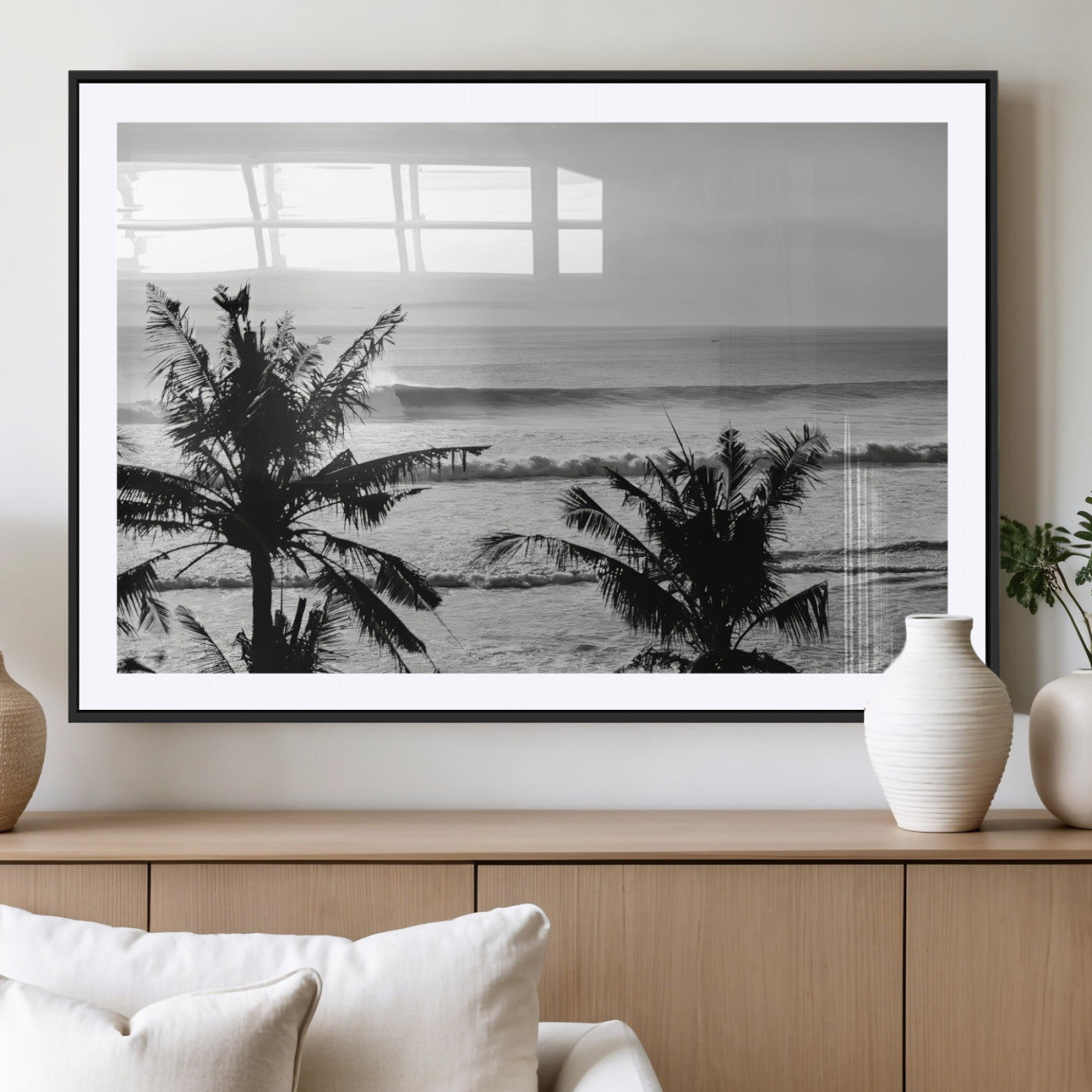 17508038-MGV-CV-36X24-Tropical Coastline Wall Art Canvas Print, Framed Palm Trees Art Picture Print, Ocean Waves Perfect Minimalist Coastal Decor