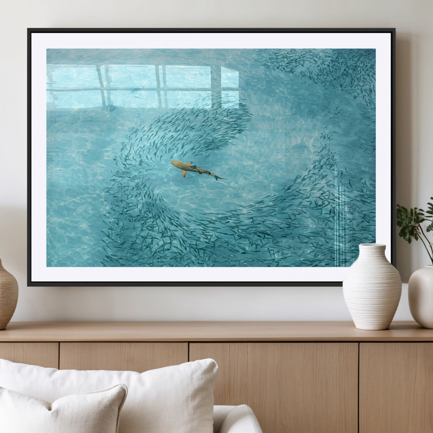 43671474-MGC-FP-36x24_Black-Fish Swarm Wall Art Canvas Print, Framed Marine Life Art Picture Print, Shark Aerial Perfect Wildlife Coastal Decor Artwork