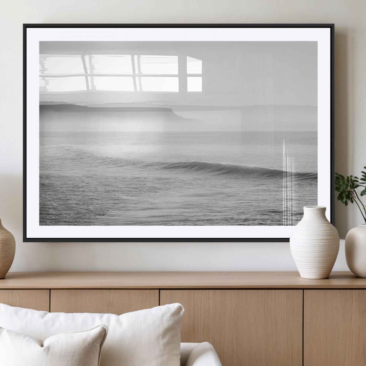 60635783-MGC-FP-36x24_Black-Black White Seascape Wall Art Canvas Print, Framed Ocean Waves Art Picture Print, Misty Coastal Perfect Minimalist Coastal Decor