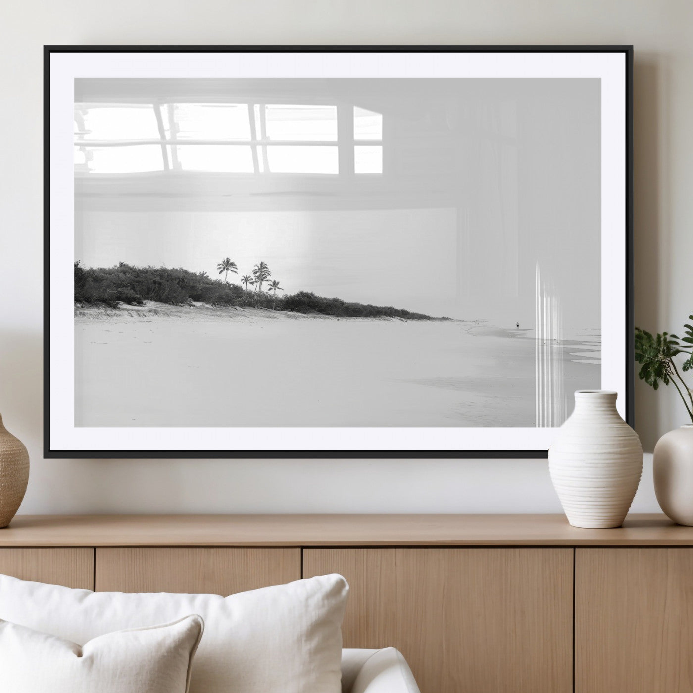 29611516-MGV-CV-36X24-Black White Beach Wall Art Canvas Print, Framed Palm Trees Art Picture Print, Monochrome Tropical Perfect Minimalist Coastal Decor