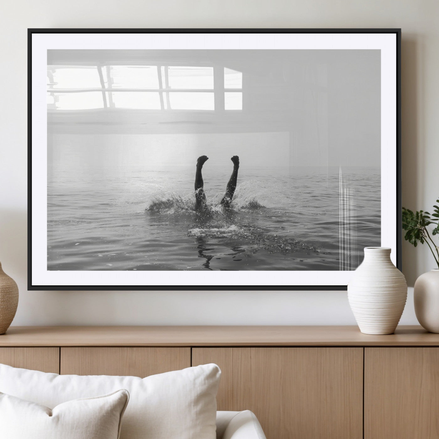 26667396-MGC-FP-36x24_Black-Black White Ocean Wall Art Canvas Print, Framed Monochrome Water Art Picture Print, Diving into Water Perfect Minimalist Aquatic