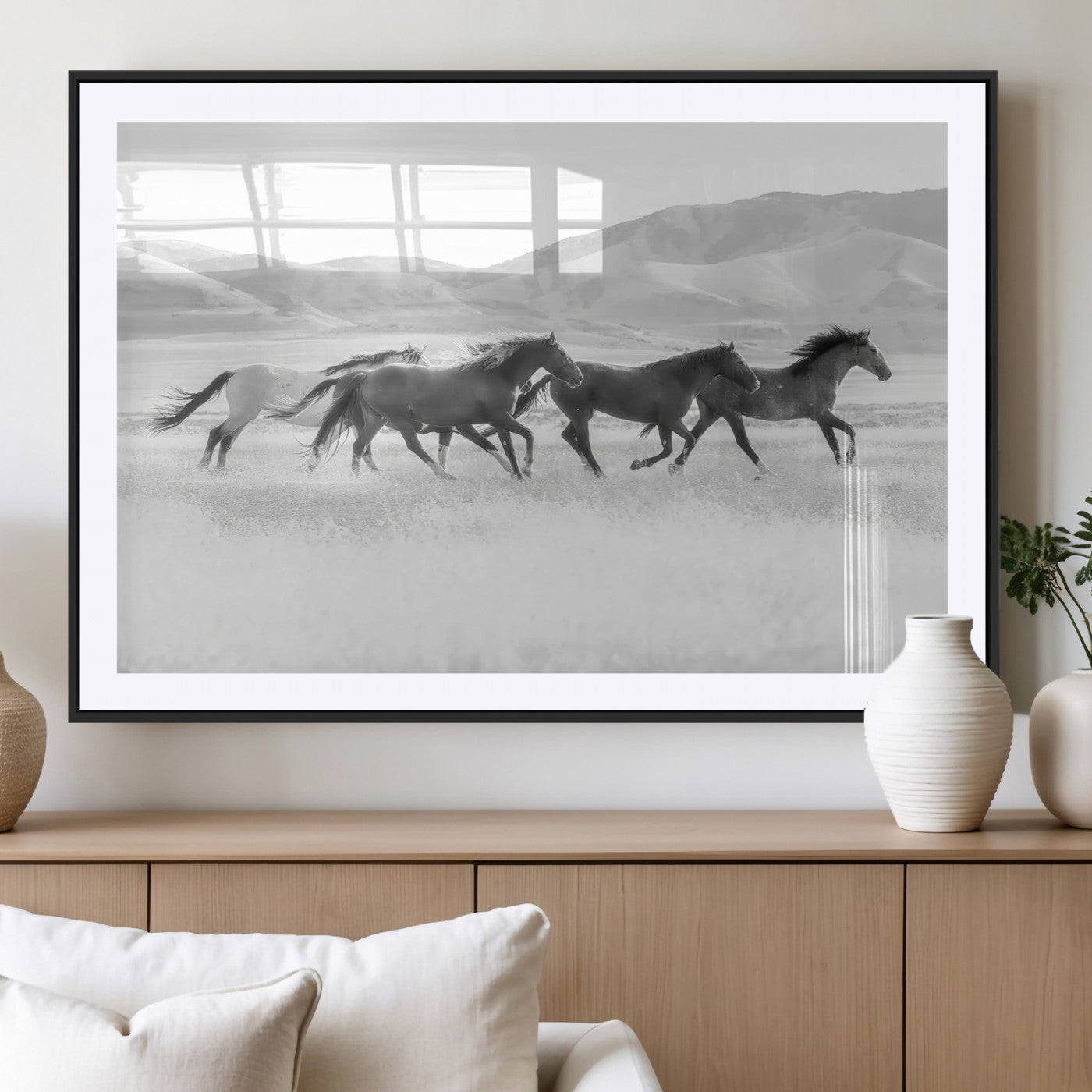 69934913-MGV-CV-36X24-Wild Horses Running Wall Art Canvas Print, Framed Black White Mustangs Art Picture Print, Rustic Western Perfect Rustic Western