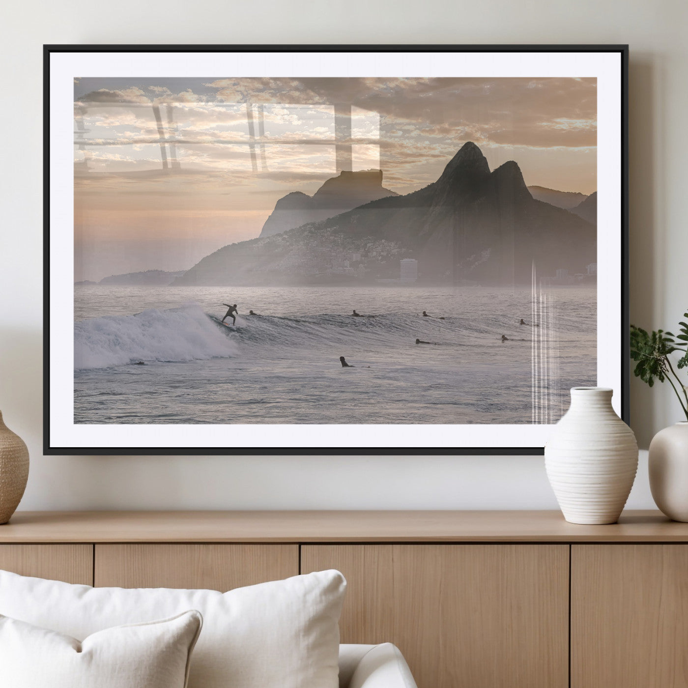 70644906-MGC-FP-36x24_Black-Sunset Surfing Wall Art Canvas Print, Framed Misty Mountains Art Picture Print, Surfer Riding Wave Perfect Coastal Adventure Decor