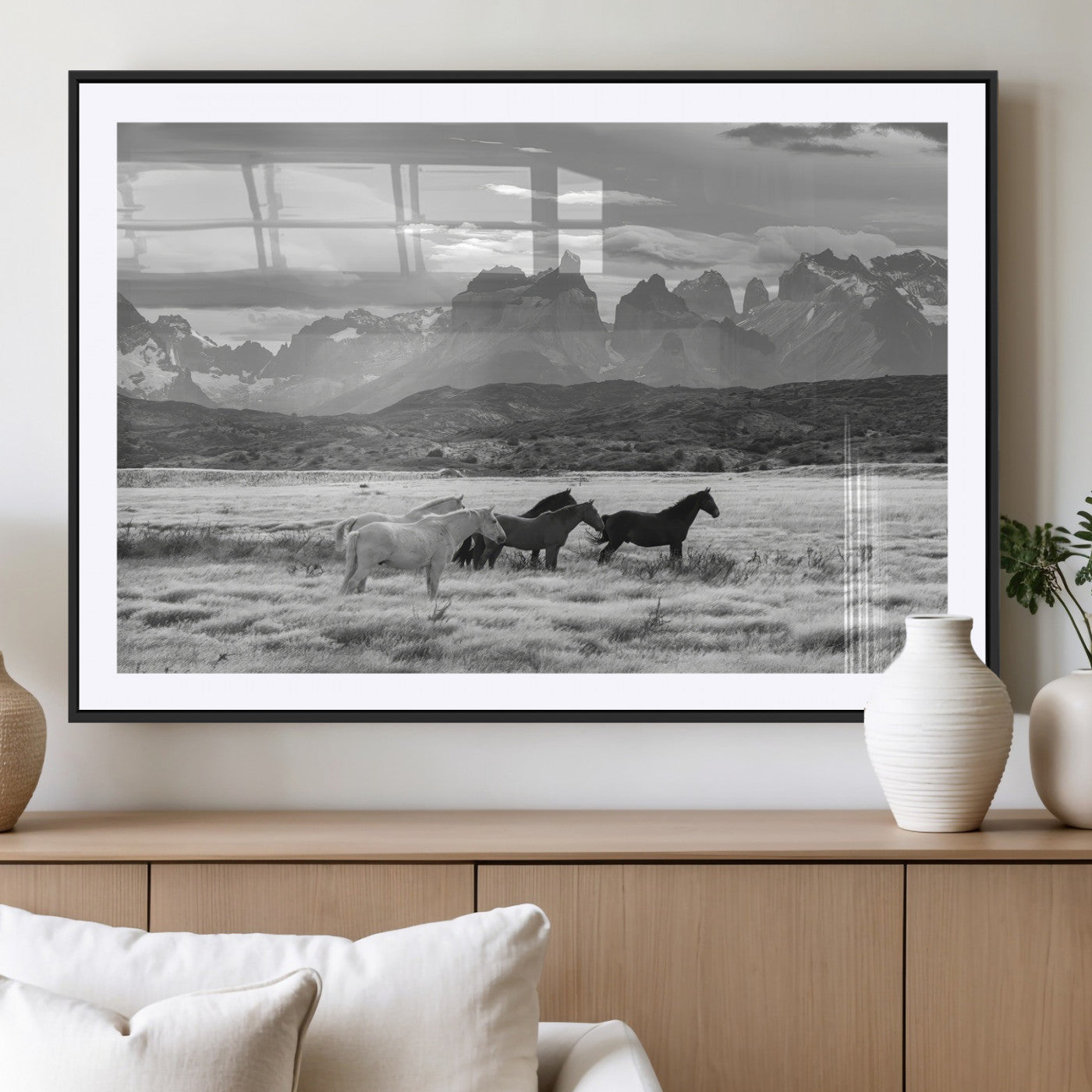 21655040-MGV-CV-36X24-Wild Horses Wall Art Canvas Print, Framed Black White Mountains Art Picture Print, Rustic Countryside Perfect Rustic Western Decor