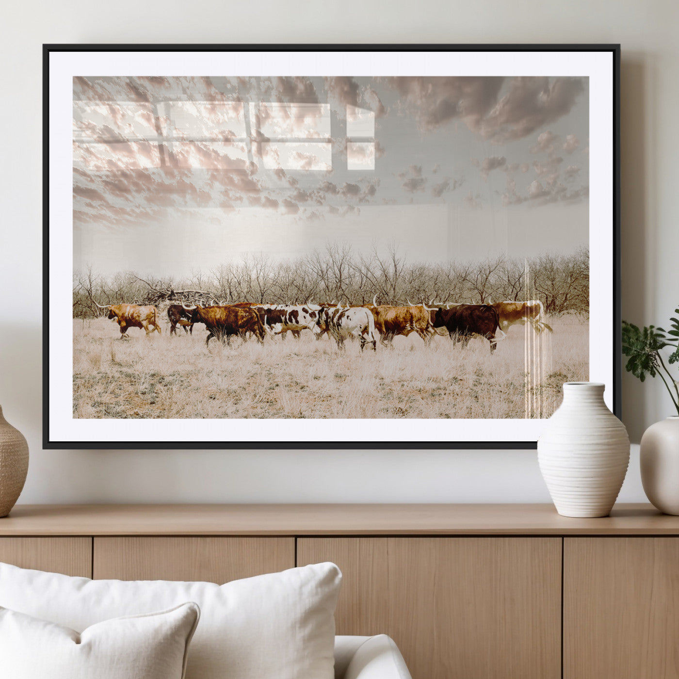 64892775-MGV-CV-36X24-Longhorn Cattle Wall Art Canvas Print, Framed Texas Ranch Art Picture Print, Western Cow Perfect Western Decor Artwork