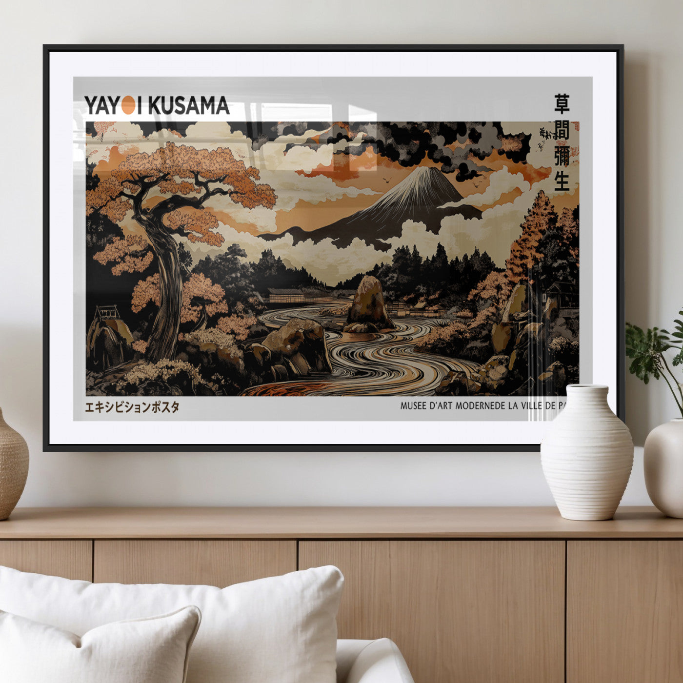 96372548-MGV-CV-36X24-Japanese Landscape Wall Art Print – Mt. Fuji Poster with Bonsai Tree & River, Ukiyo-e Inspired Modern Japanese Artwork, Autumn
