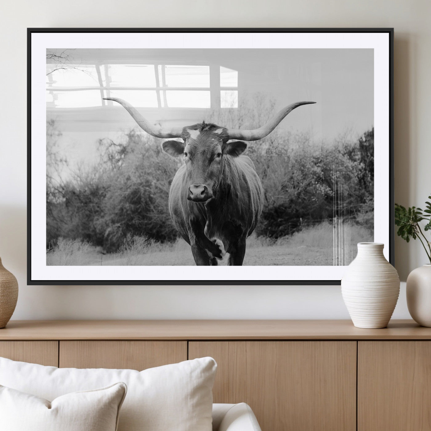 97280319-MGC-FP-36x24_Black-Longhorn Photography Wall Art Canvas Print, Framed Western Cow Decor Art Picture Print, Texas Ranch Style Perfect Rustic Farmhouse