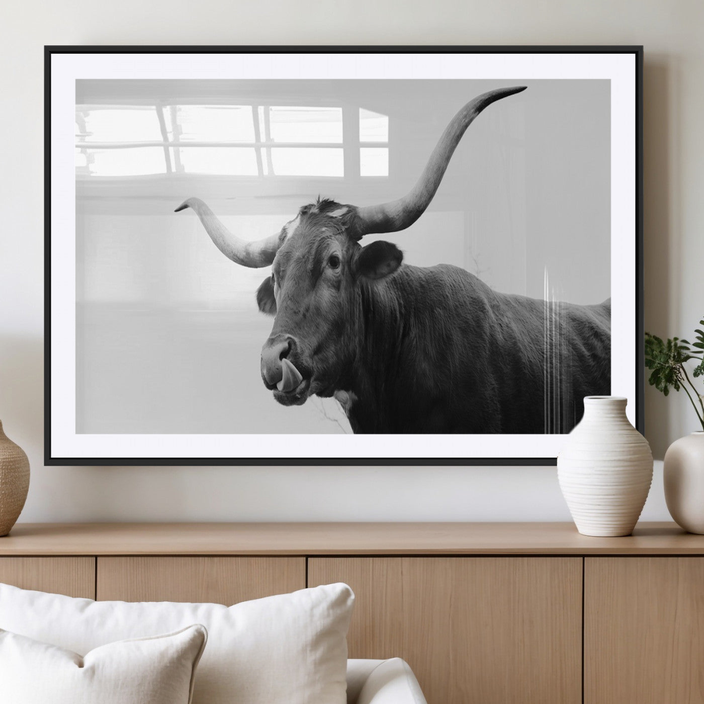 99244177-MGV-CV-36X24-Longhorn Photography Wall Art Canvas Print, Framed Western Cow Decor Art Picture Print, Black White Bull Perfect Modern Rustic