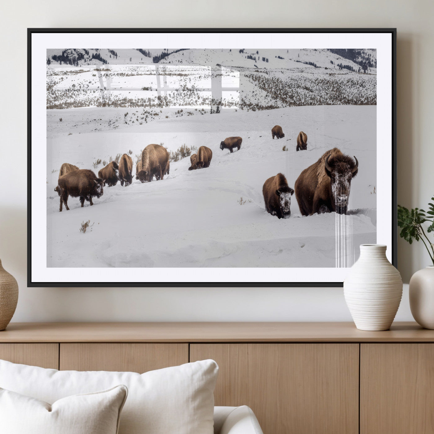 13891210-MGC-FP-36x24_Black-Bison Herd Scene Wall Art Canvas Print, Framed Western Wildlife Decor Art Picture Print, Snowy Mountain Valley Perfect Rustic