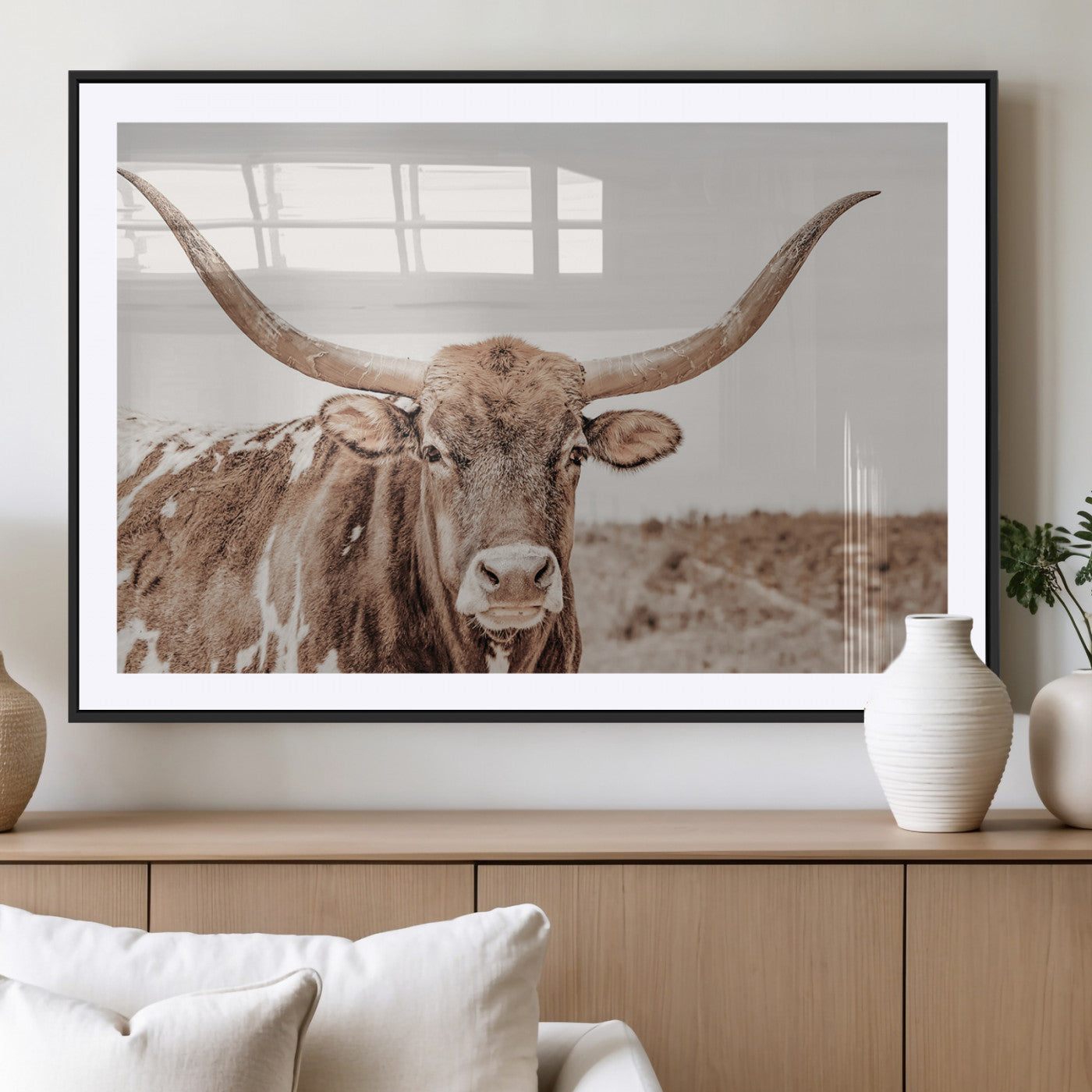 77810049-MGV-CV-36X24-Longhorn Bull Photo Wall Art Canvas Print, Framed Rustic Cow Decor Art Picture Print, Neutral Farmhouse Style Perfect Rustic